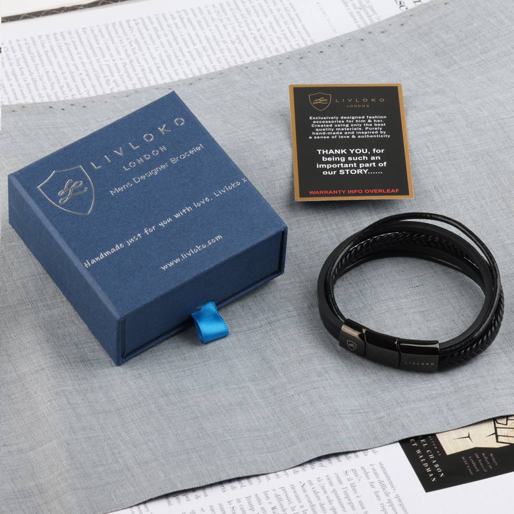Men's Black Leather Bracelet with Braided Detail Men's Black Leather Bracelet with Braided Detail