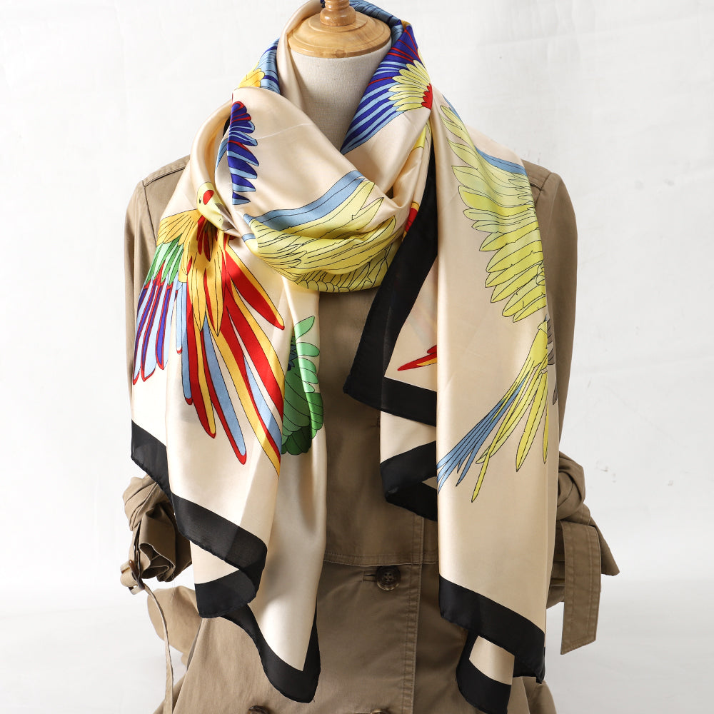 Satin Scarf with Colourful Parrot Print