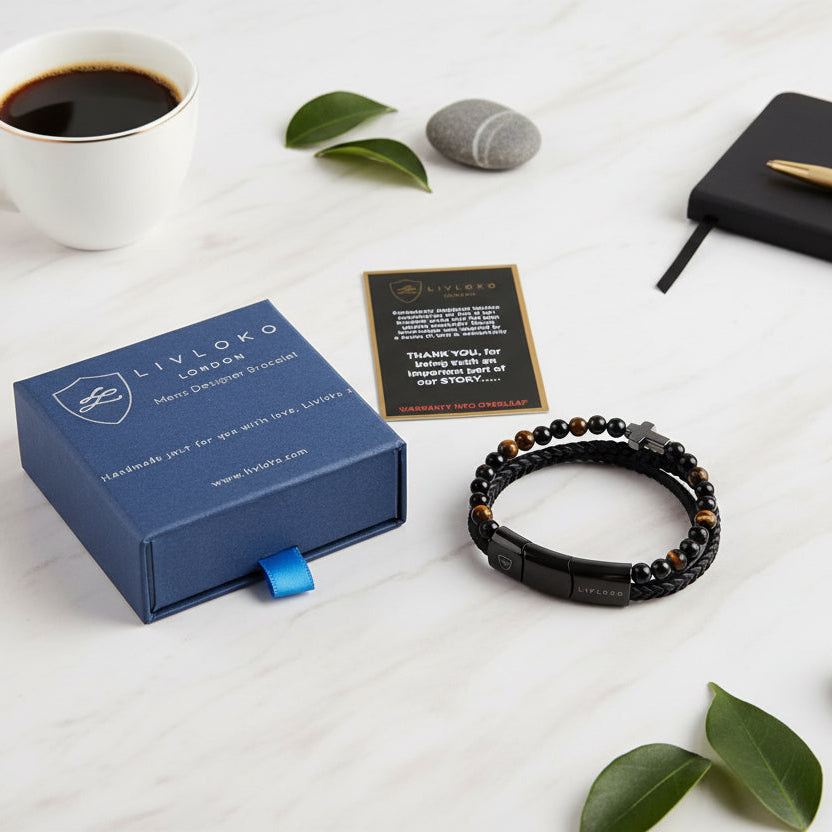 Men’s Black Leather & Tiger Eye Bracelet with Cross, Magnetic Clasp – LIVLOKO LONDON