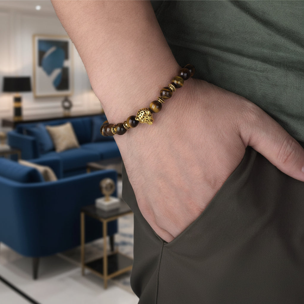 man wearing tiger eye beaded bracelet