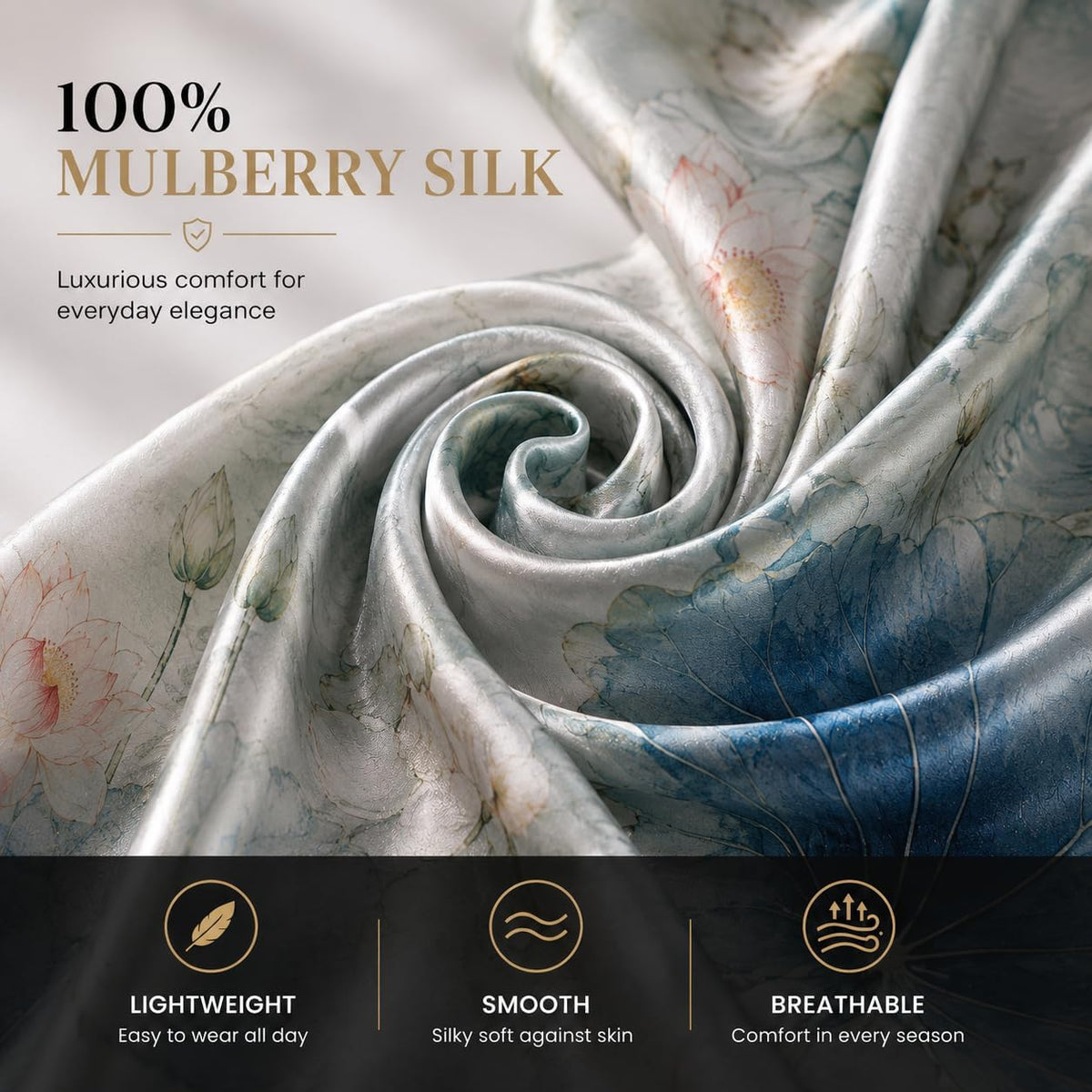 Blue Lotus silk scarf key features, 12 momme, 55 x 175 cm