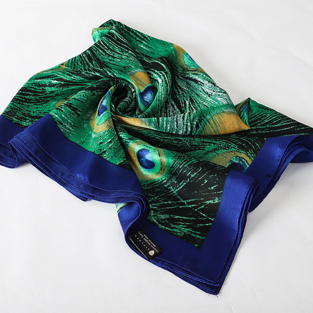 Vibrant Peacock Feather Satin Scarf