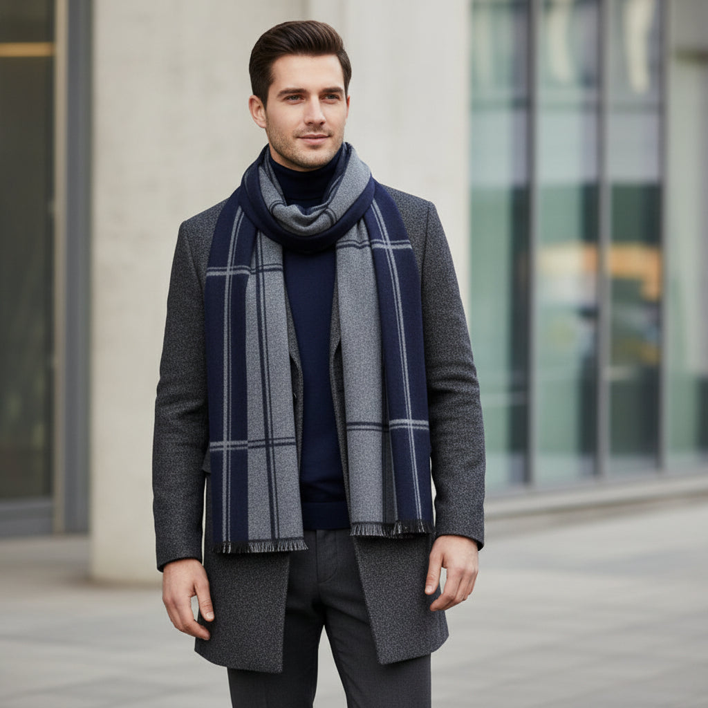 Men's Striped Wool Scarf Navy Grey