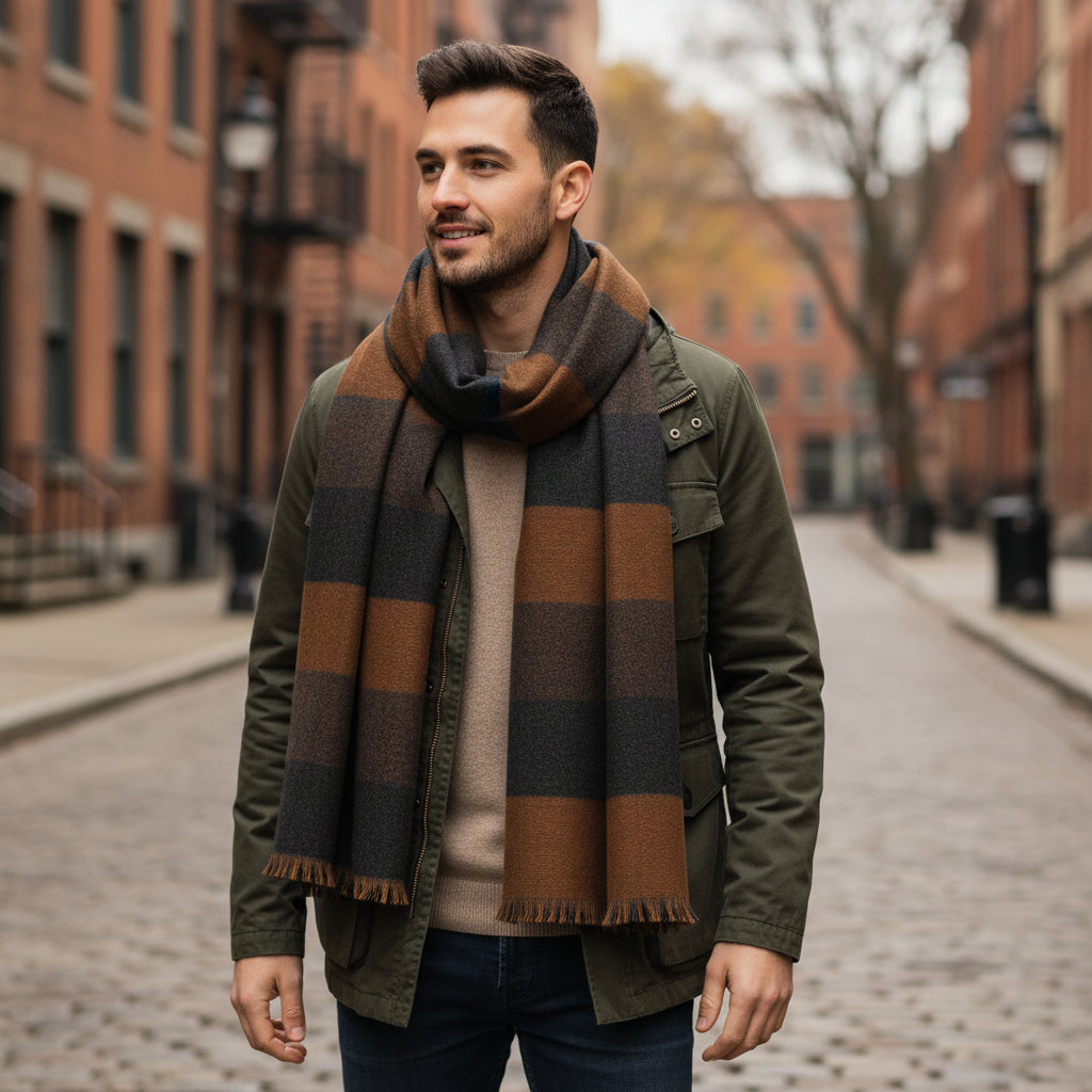 Men's Striped Wool Scarf Grey & Brown