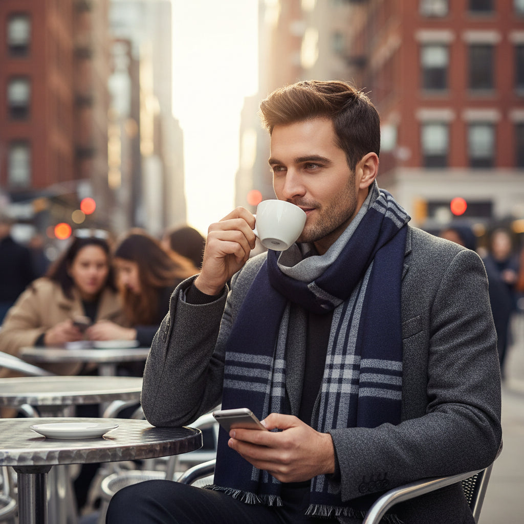 Men's Tartan Wool Scarf Blue Grey