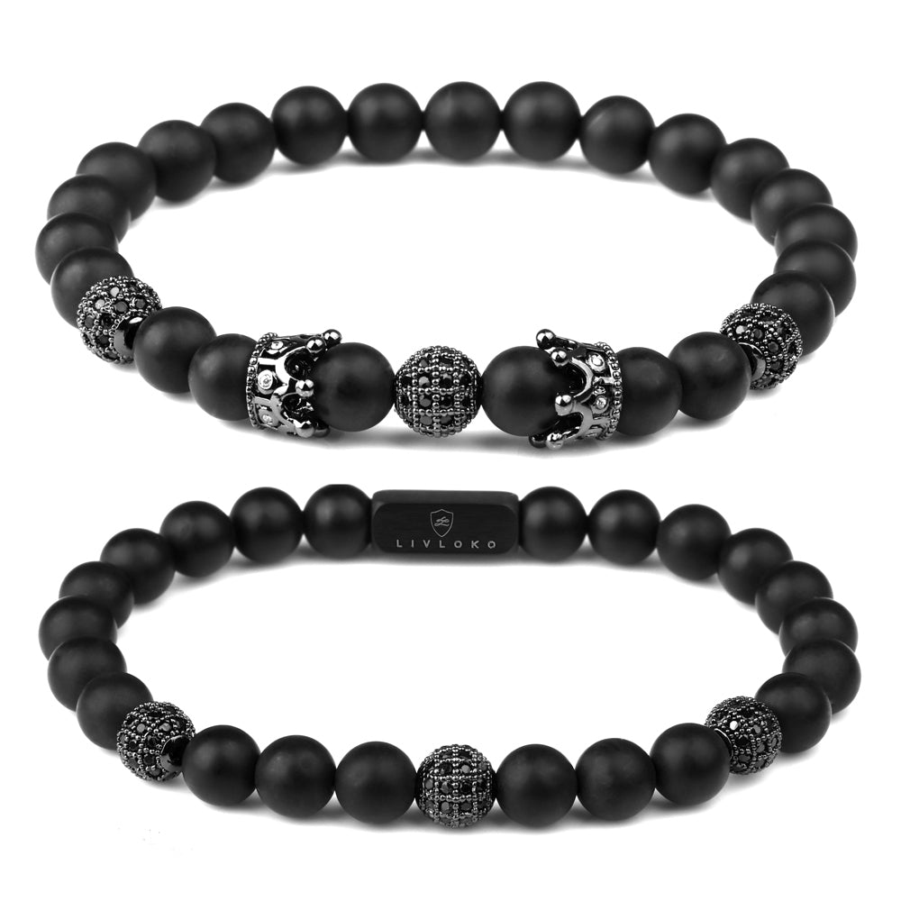 men's black agate beaded bracelet crown detail Livloko London