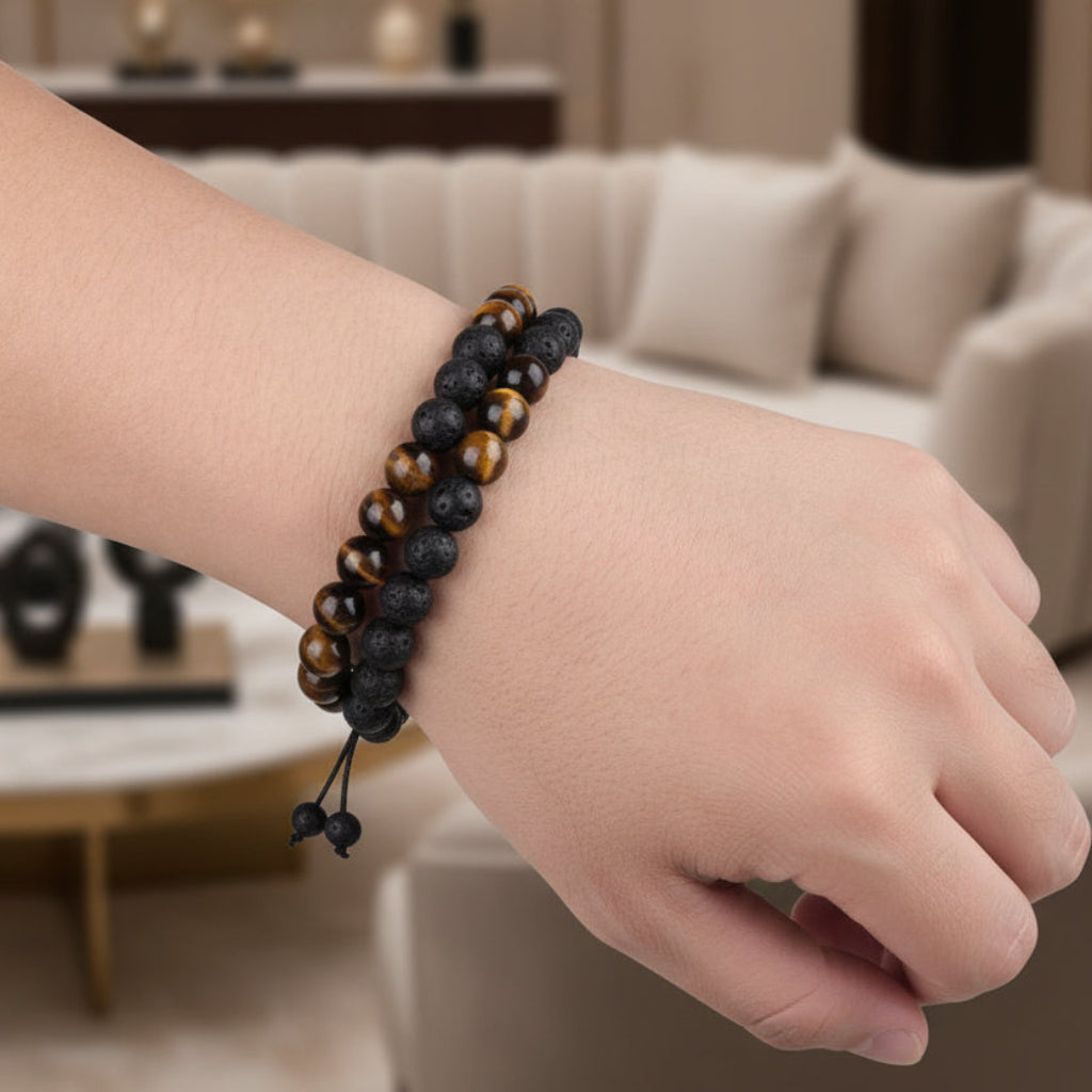 Tiger-eye and Lava Rock Stacked Bracelet