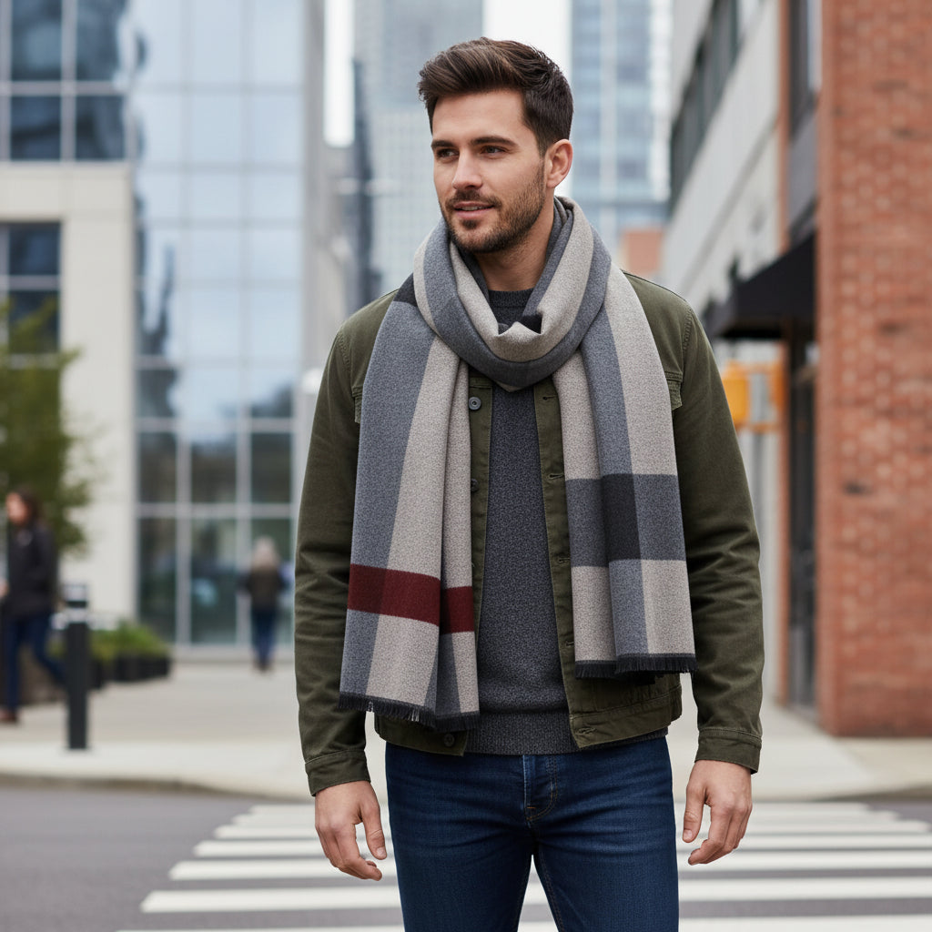 Men's Checked Wool Scarf Grey Red
