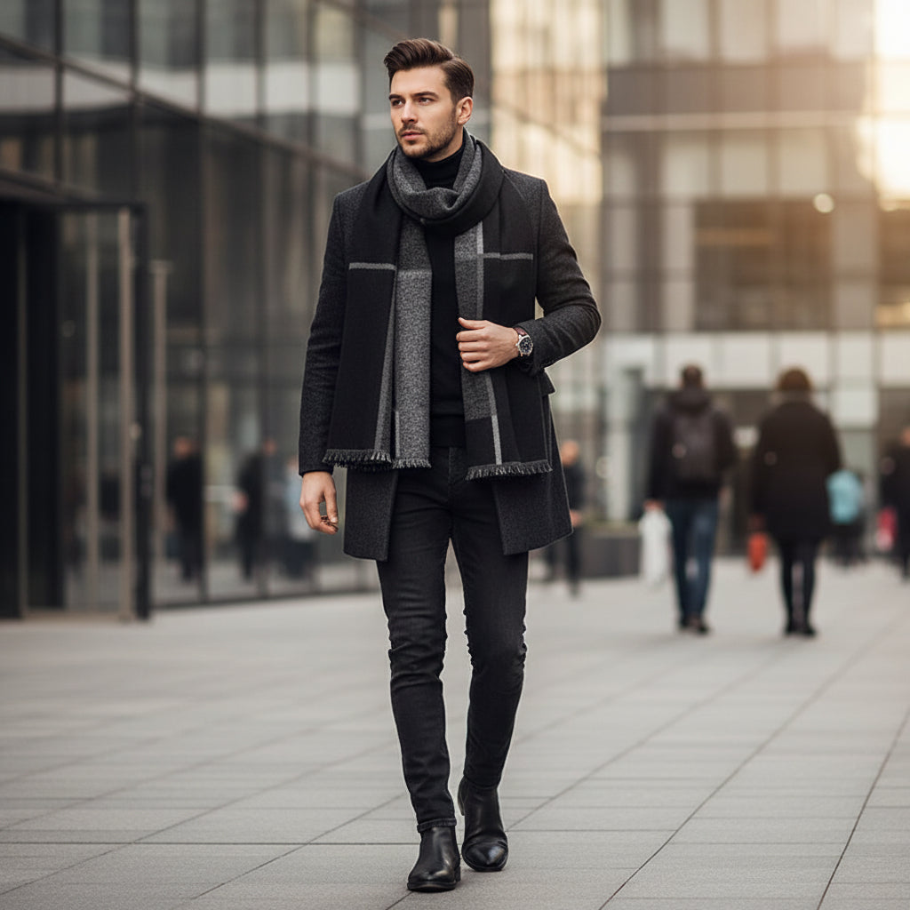 Men's Checked Wool Scarf Black Grey