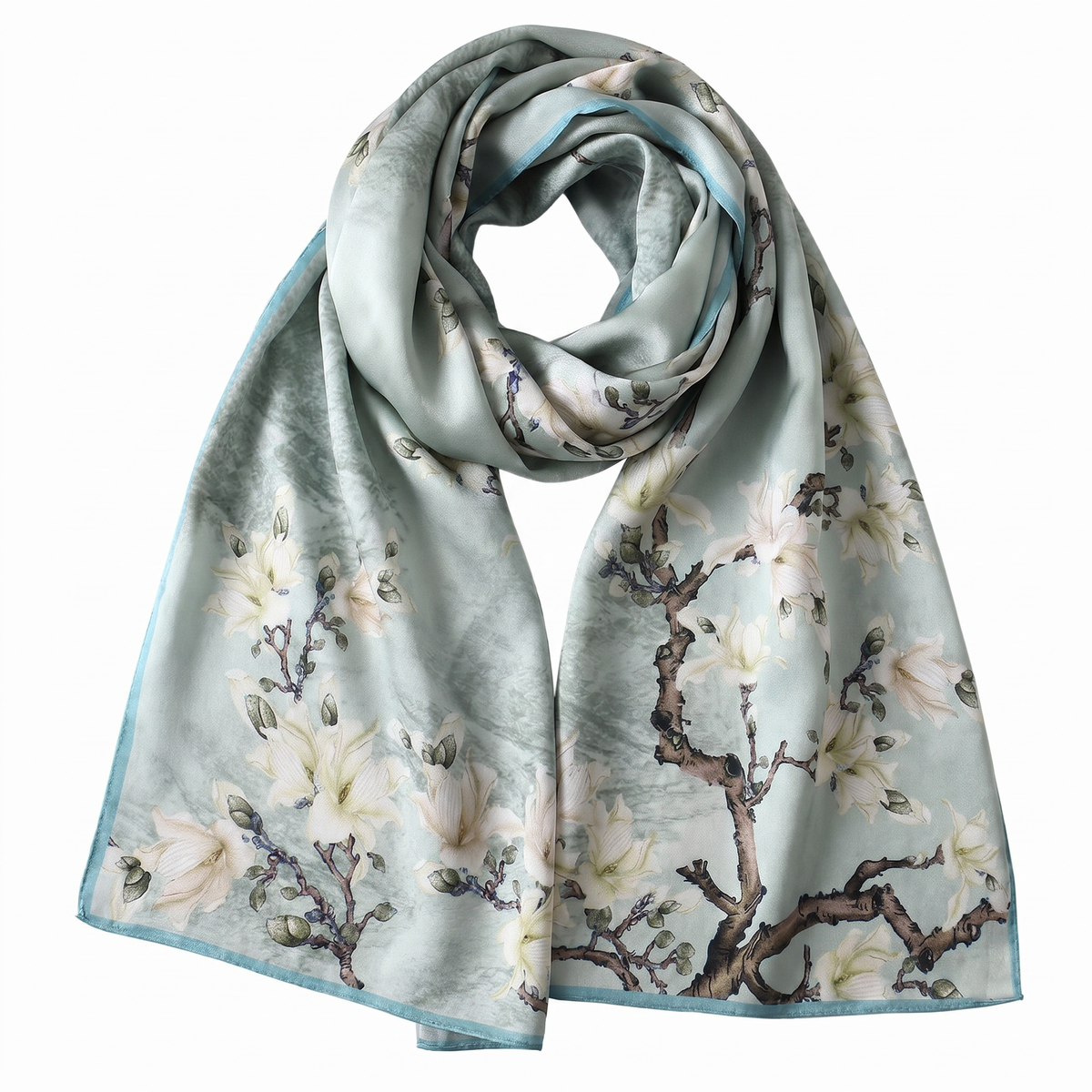 Sky Blossom Grey & Cream Mulberry Silk Scarf, 55 × 175 cm (A1)
