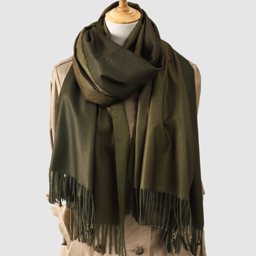 Black and Green Pashmina Shawl, draped on a dress form