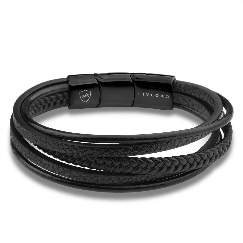 men's black braided leather bracelet stainless steel clasp Livloko London