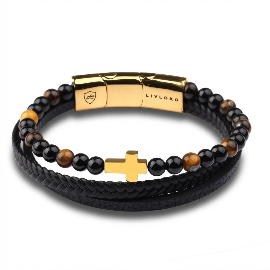 Black Leather Bracelet with Gold Cross and Tiger Eye Beads product image