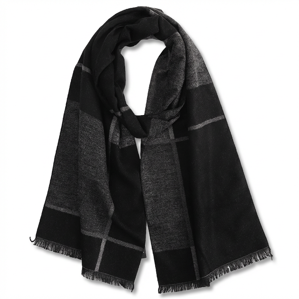 Men's Checked Wool Scarf Black Grey black wool product image