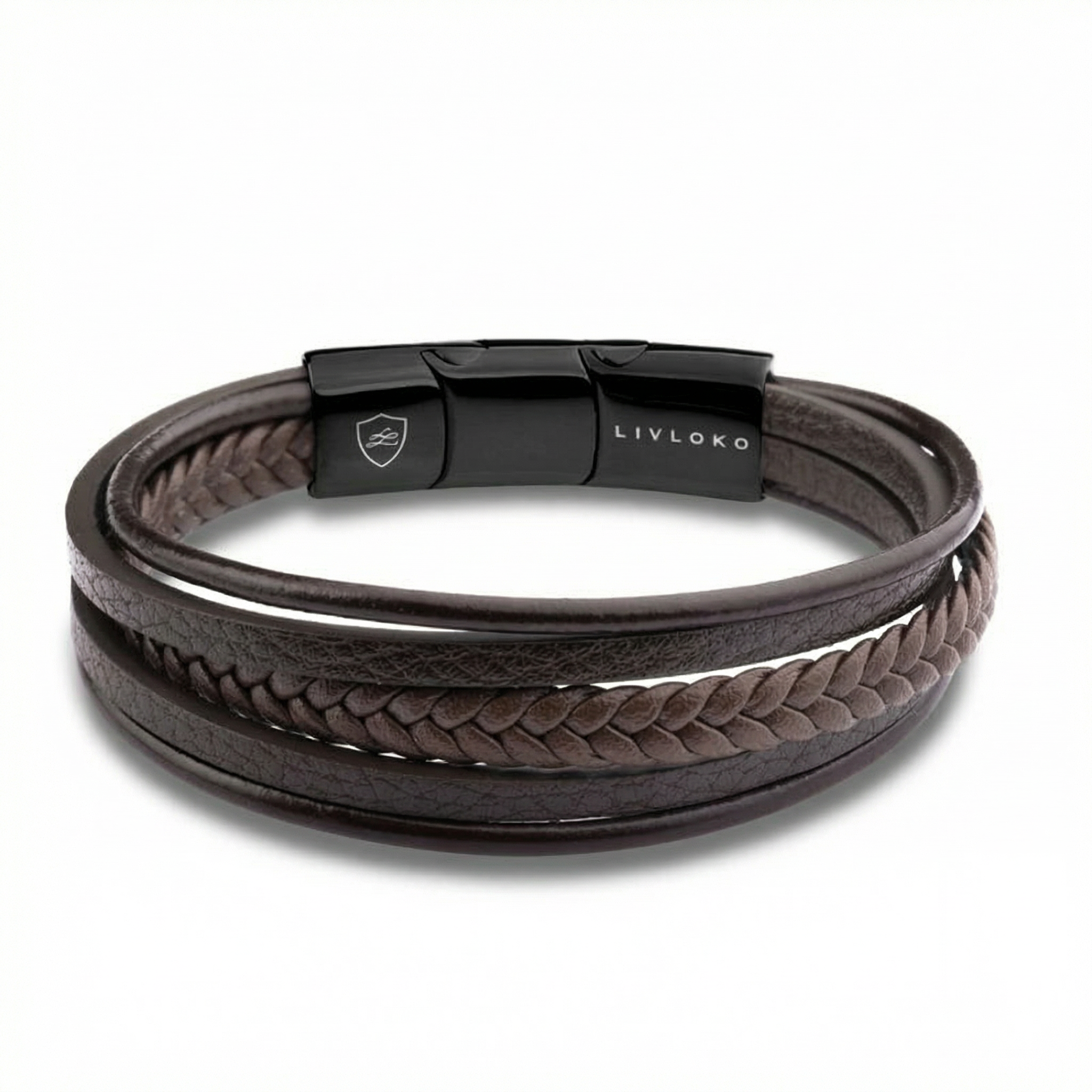 Men’s brown leather bracelet with braided detail and black magnetic clasp