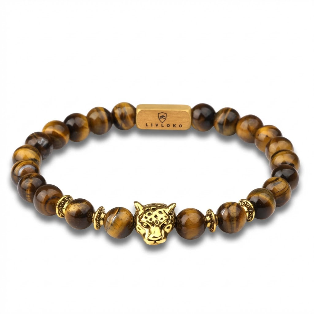 men's tiger eye beaded bracelet with gold leopard charm Livloko London