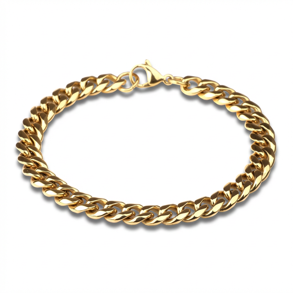Men’s gold curb bracelet styled with casual outfit