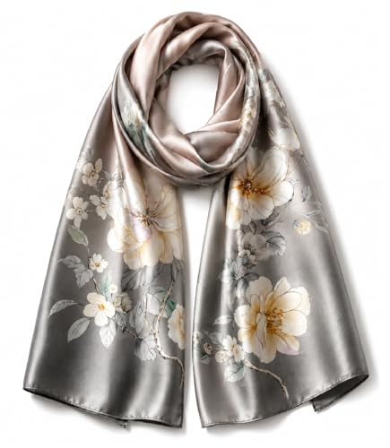 Grey Floral Mulberry Silk Scarf, 55 × 175 cm