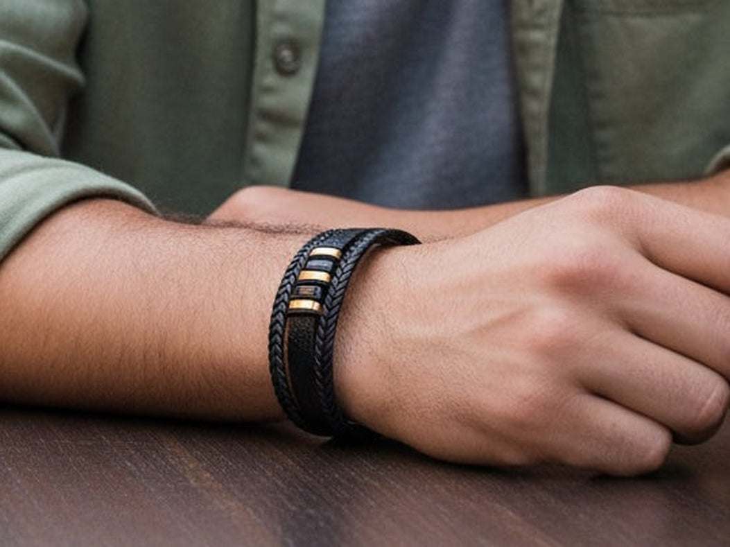 Man wearing a LIVLOKO London men's black and gold leather bracelet