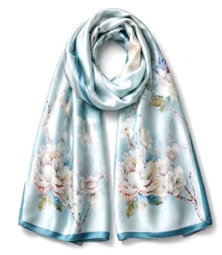 Light Blue Floral Mulberry Silk Scarf, 55 × 175 cm
