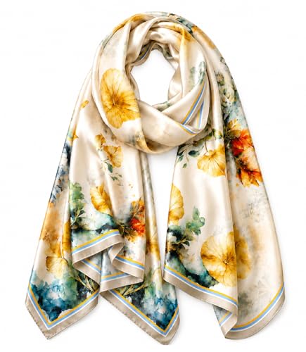 Cream & Gold Floral Mulberry Silk Scarf, 55 × 175 cm