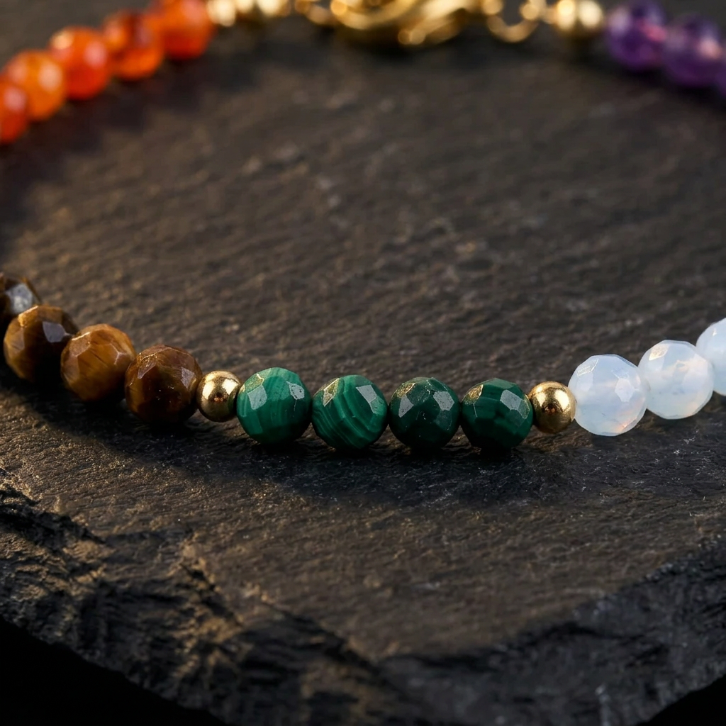 Close-up of the small faceted multicoloured crystal beads and gold plated spacers on the Livloko London bracelet