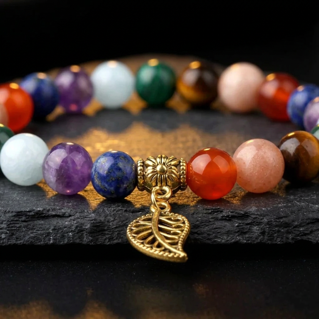Close-up of the gold plated leaf charm and seven chakra colour stone beads on the Livloko London bracelet