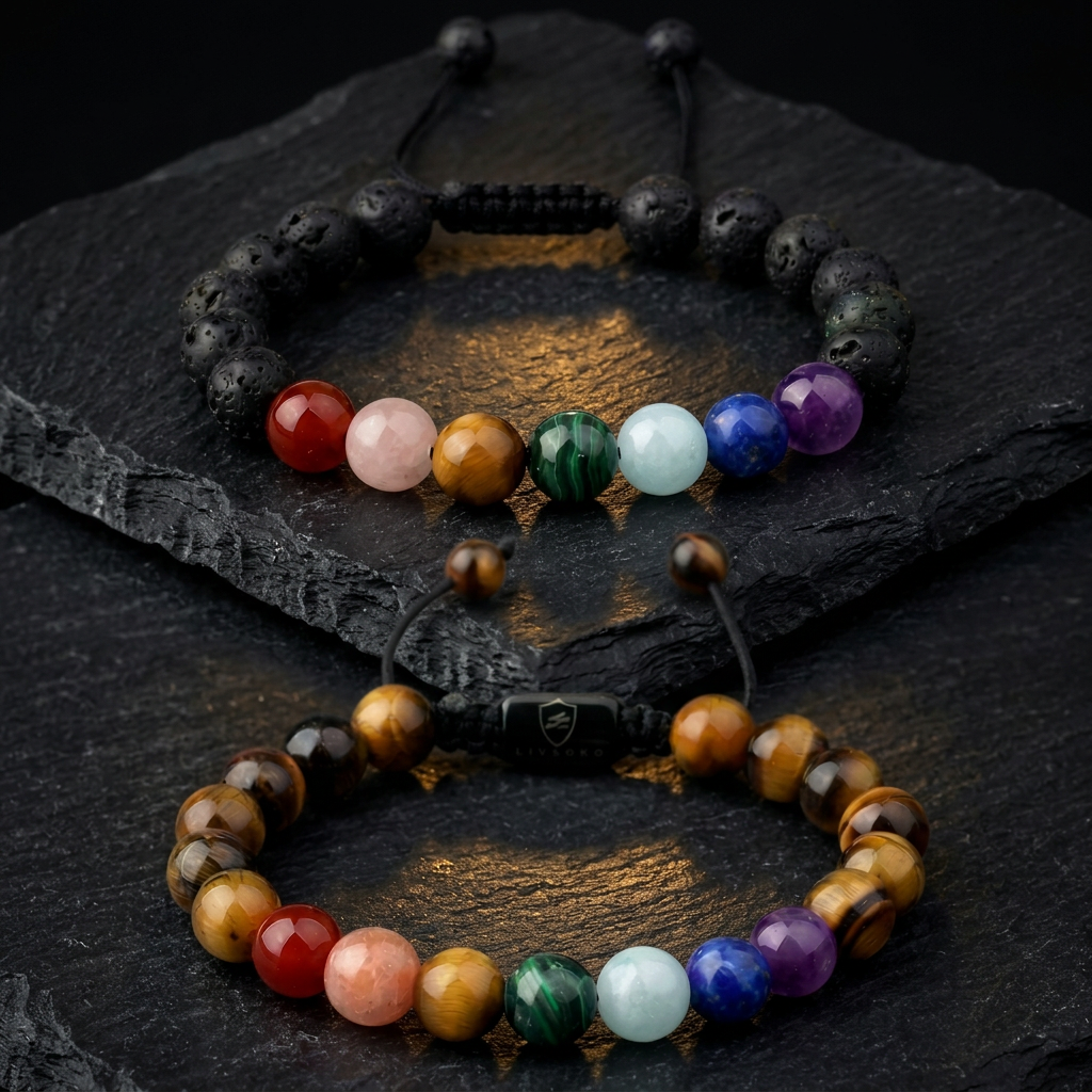 7 chakra couple bracelets set, black lava stone and tiger eye adjustable beaded bracelets by Livloko London