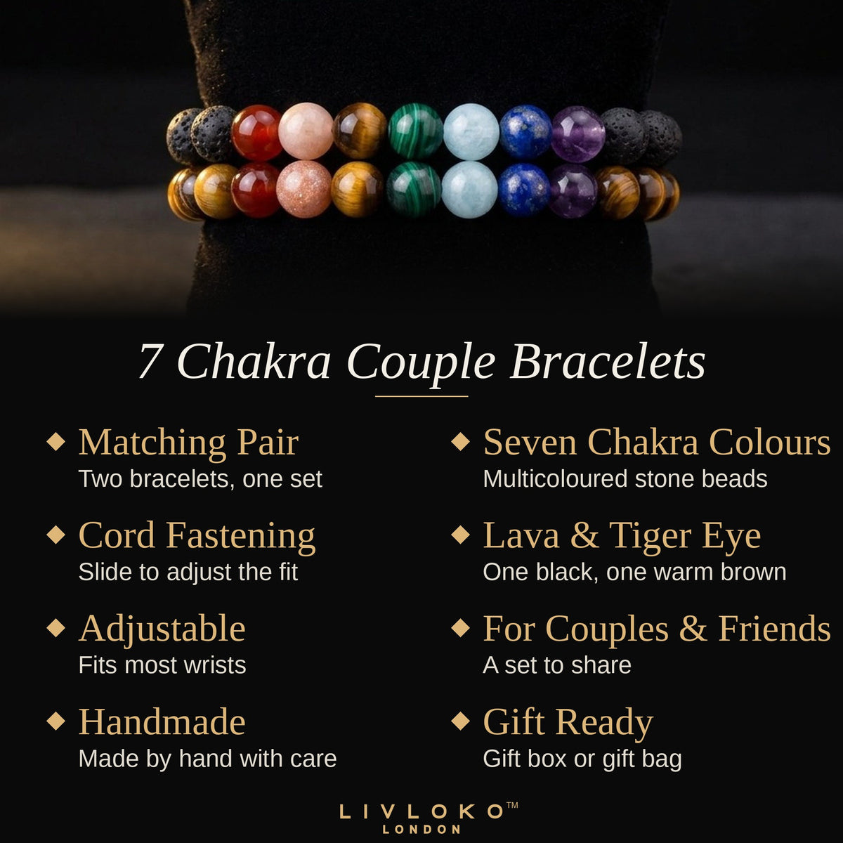 Key features of the Livloko London 7 chakra couple bracelets: matching pair, adjustable cord, gift ready