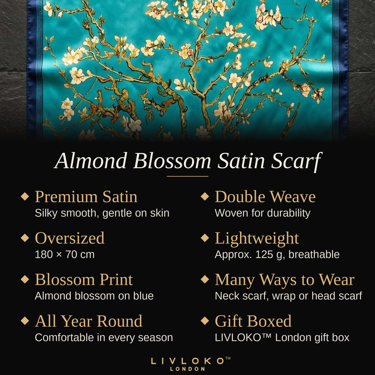 Key features of the Almond Blossom light blue satin scarf: premium satin, double weave, 180 × 70 cm, gift boxed