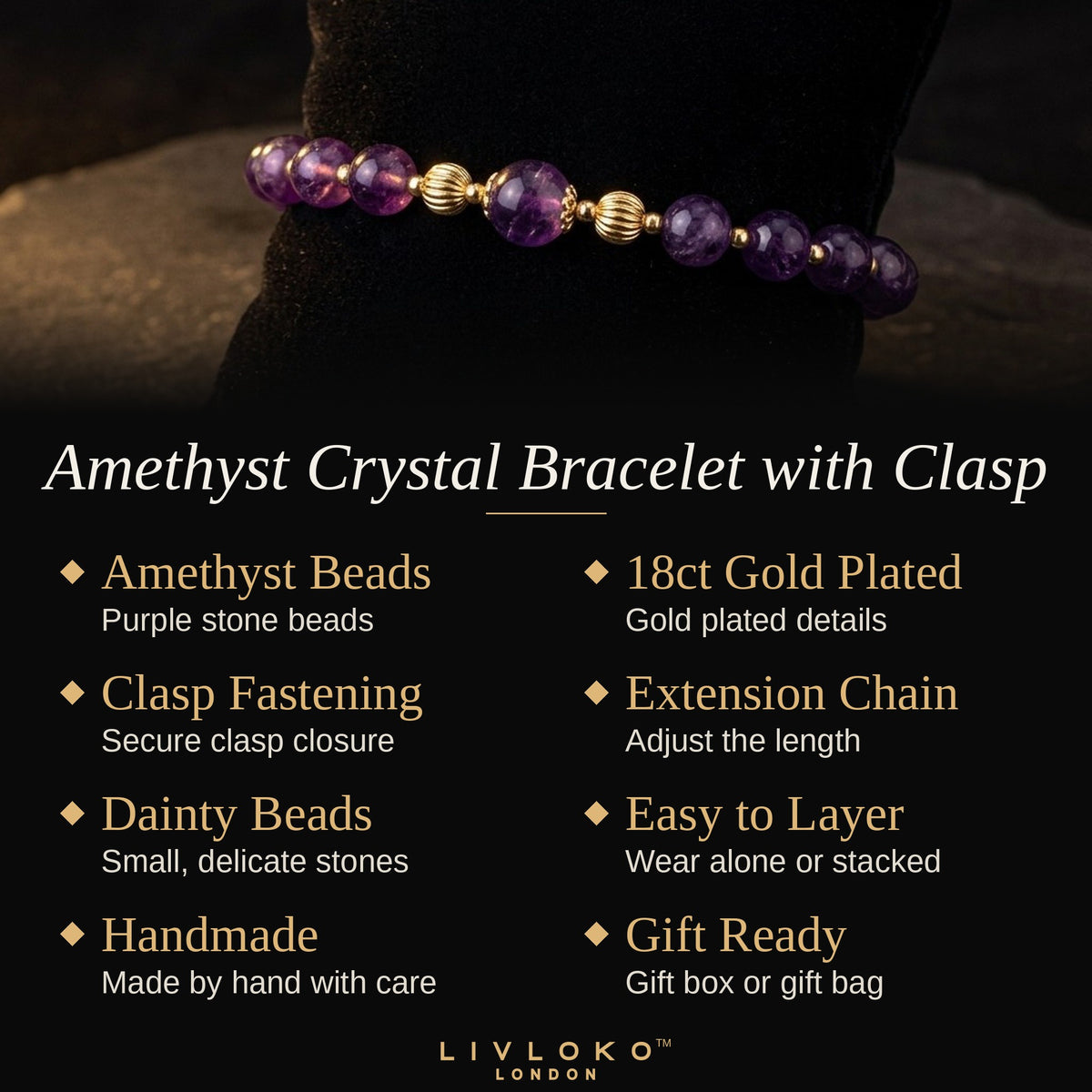 Key features of the Livloko London amethyst crystal bracelet: 18ct gold plated, clasp fastening, extension chain, gift ready