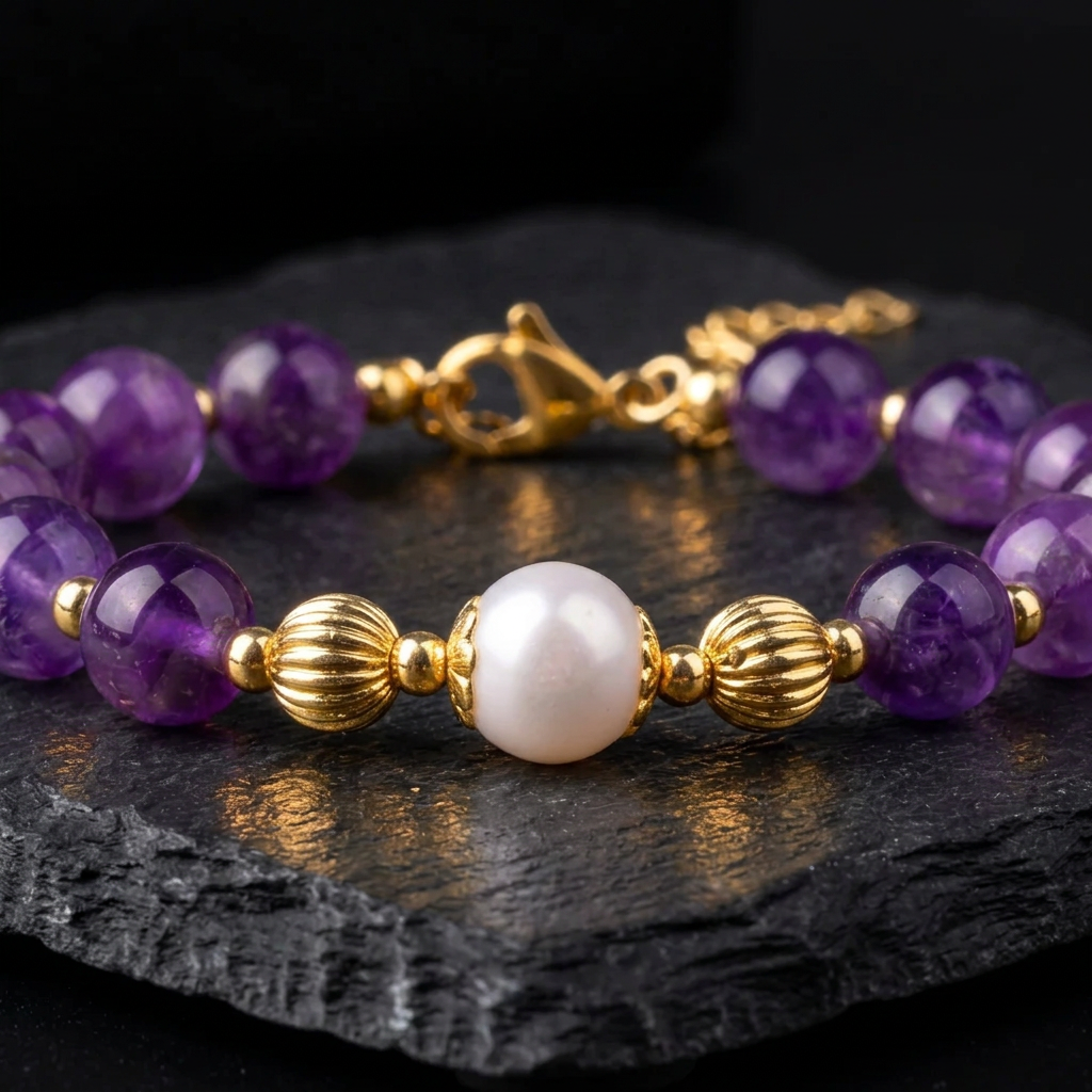 Close-up of the freshwater pearl, ribbed gold plated beads and amethyst on the Livloko London bracelet