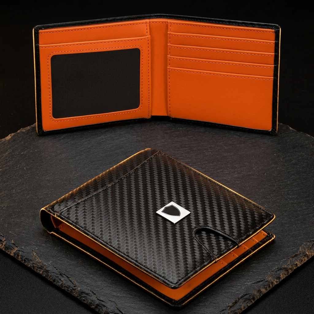 LIVLOKO London men's carbon fibre RFID bifold wallet with ID window and orange lining, open and closed on dark slate
