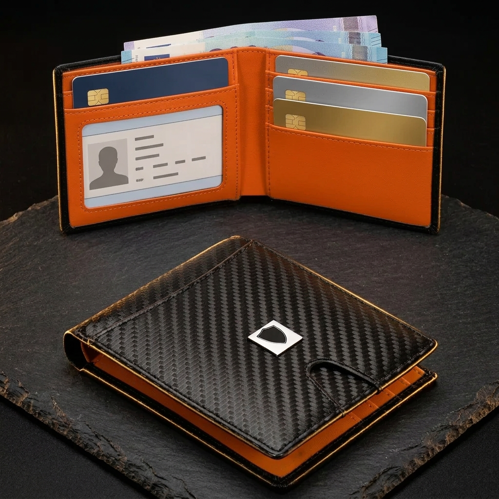 LIVLOKO London carbon fibre RFID bifold wallet with orange lining open in use with cards, ID and banknotes