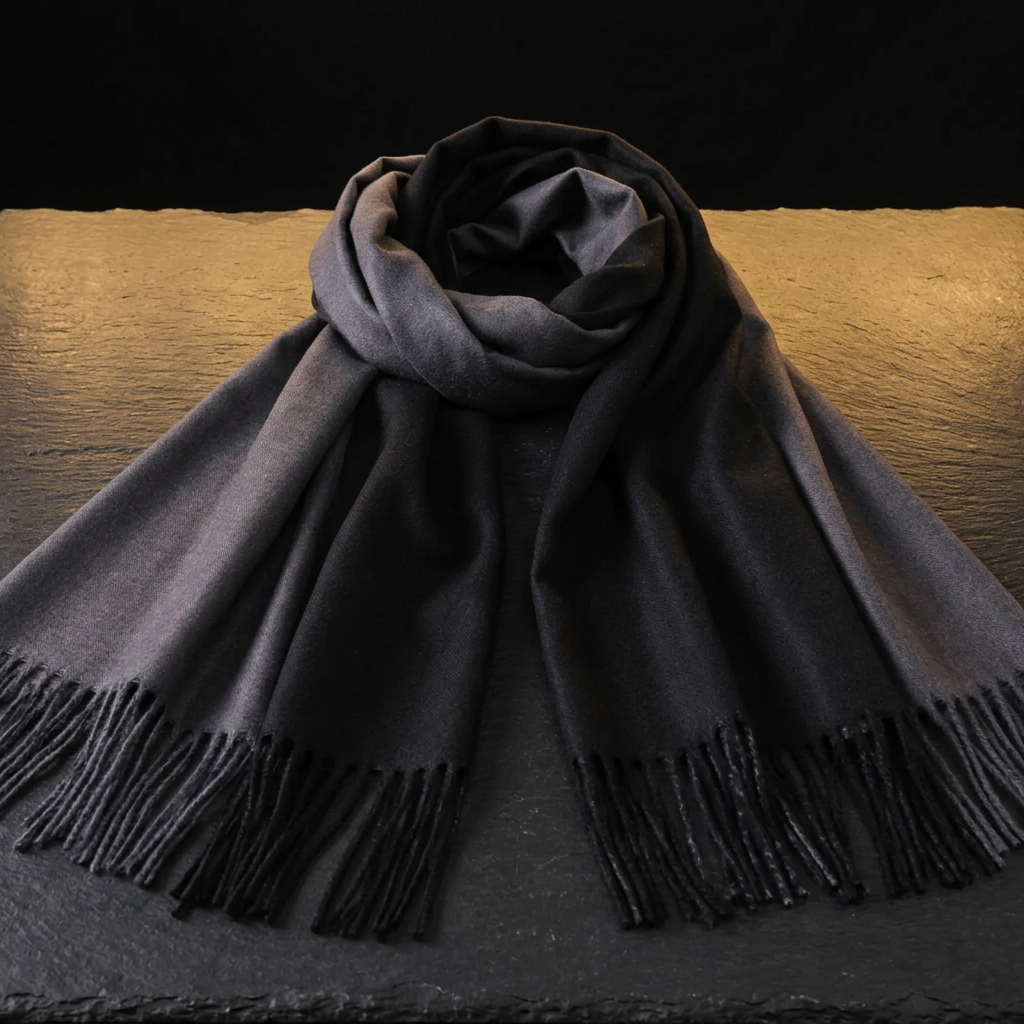 Black and grey pashmina shawl with tassel fringe, 200 x 70 cm, laid flat on dark slate