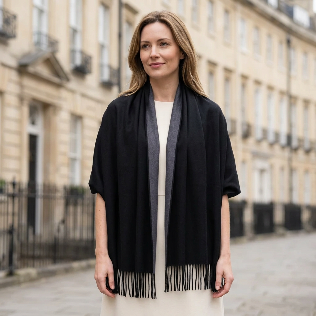 Woman wearing the black and grey pashmina shawl over her shoulders on a London street