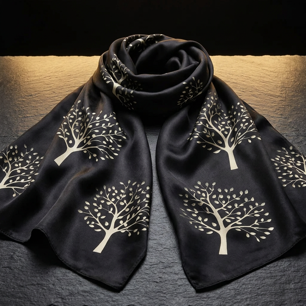 Black and gold mulberry tree print satin scarf for women, laid flat on dark slate