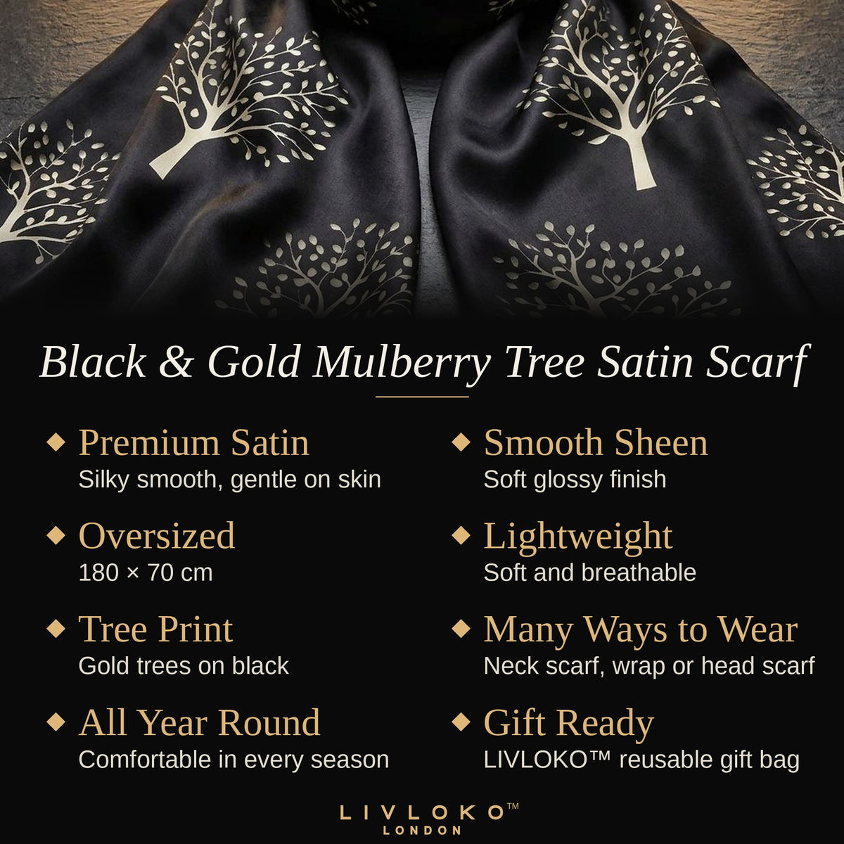 Features of the black and gold mulberry tree print satin scarf: premium satin, 180 × 70 cm, lightweight