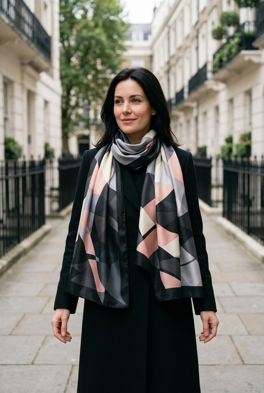 Woman wearing the LIVLOKO London black, gold and pink geometric satin scarf in London