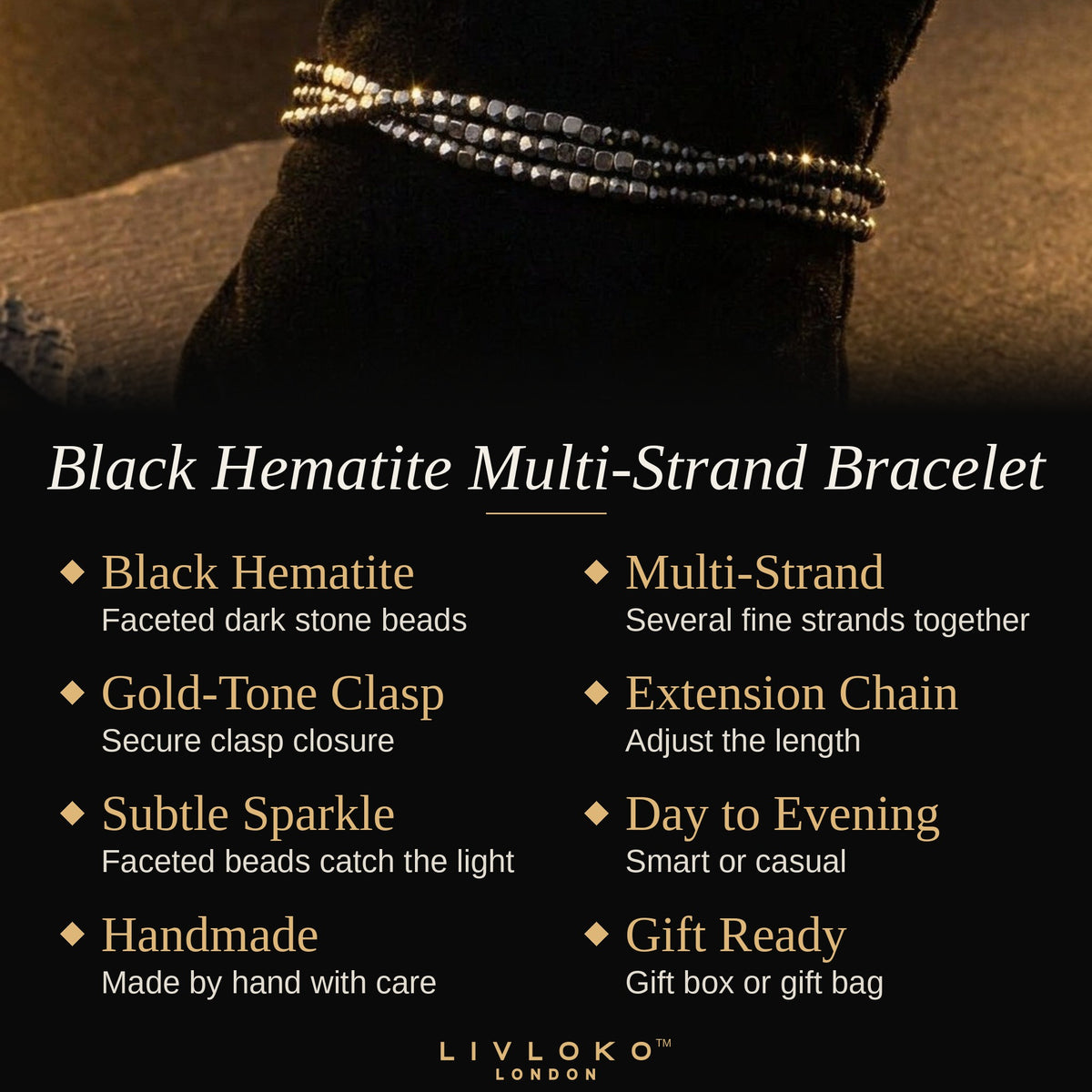 Key features of the Livloko London black hematite multi-strand bracelet: gold-tone clasp, extension chain, gift ready