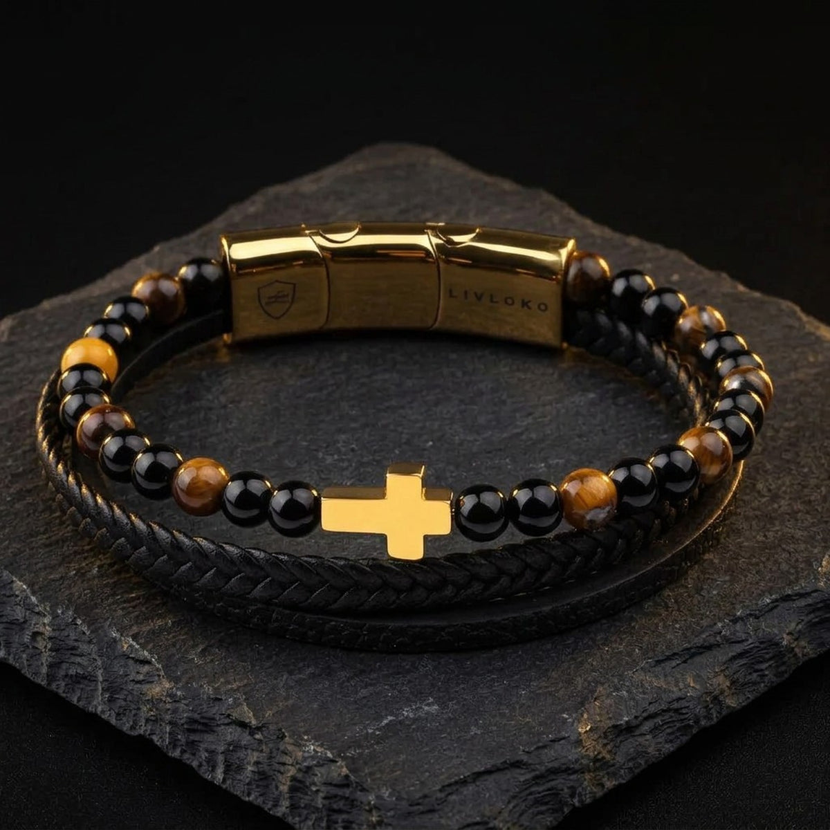 Black leather bracelet with gold cross and tiger eye beads, men's cross leather bracelet with magnetic clasp by LIVLOKO London