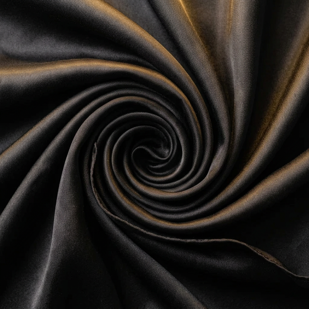 Close-up of the Livloko London black satin scarf showing the satin sheen