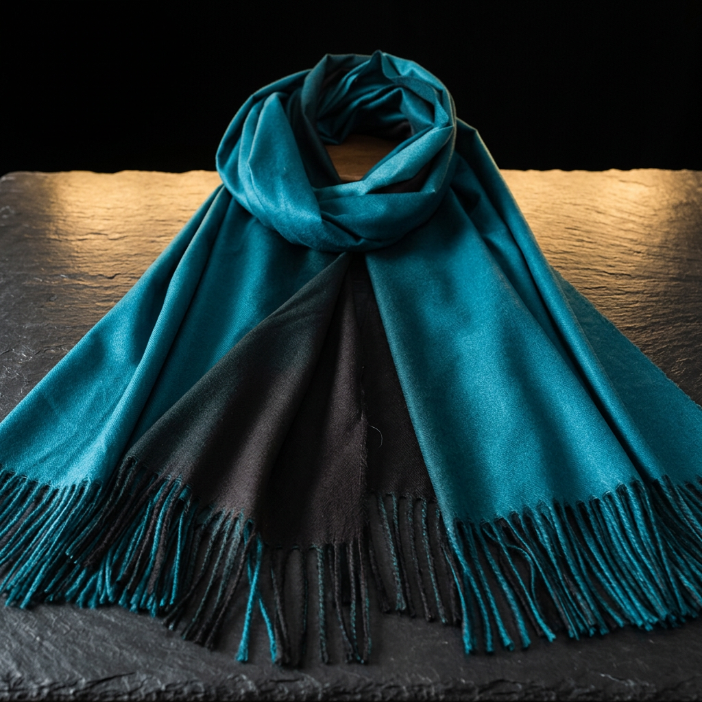 Blue and black pashmina shawl in teal blue and black with tassel fringe, laid flat on dark slate