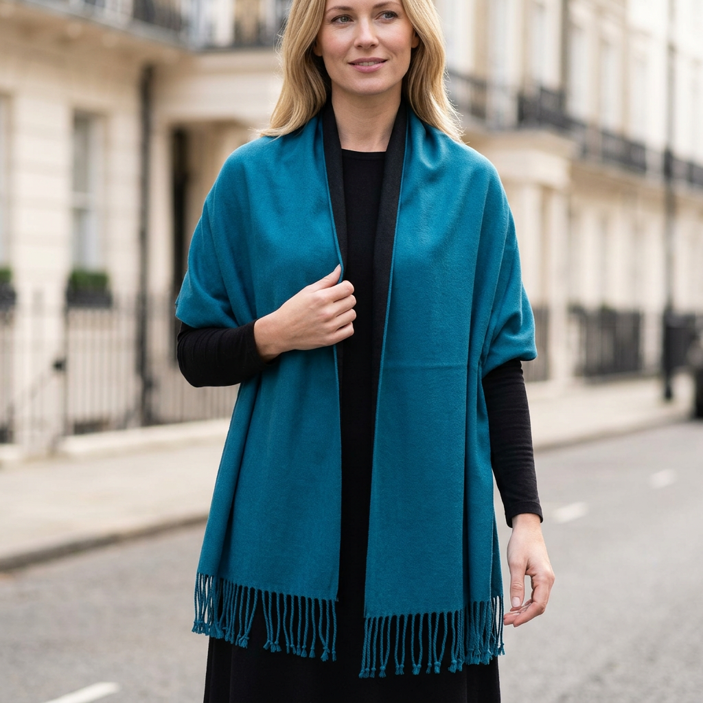 Woman wearing the blue and black pashmina shawl over a black dress on a London street