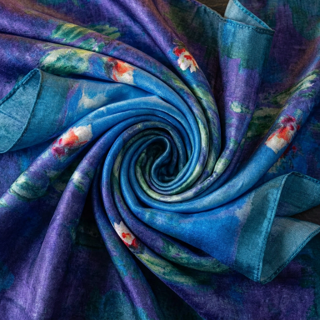 Close-up of the blue and green printed satin scarf swirled to show the painterly print