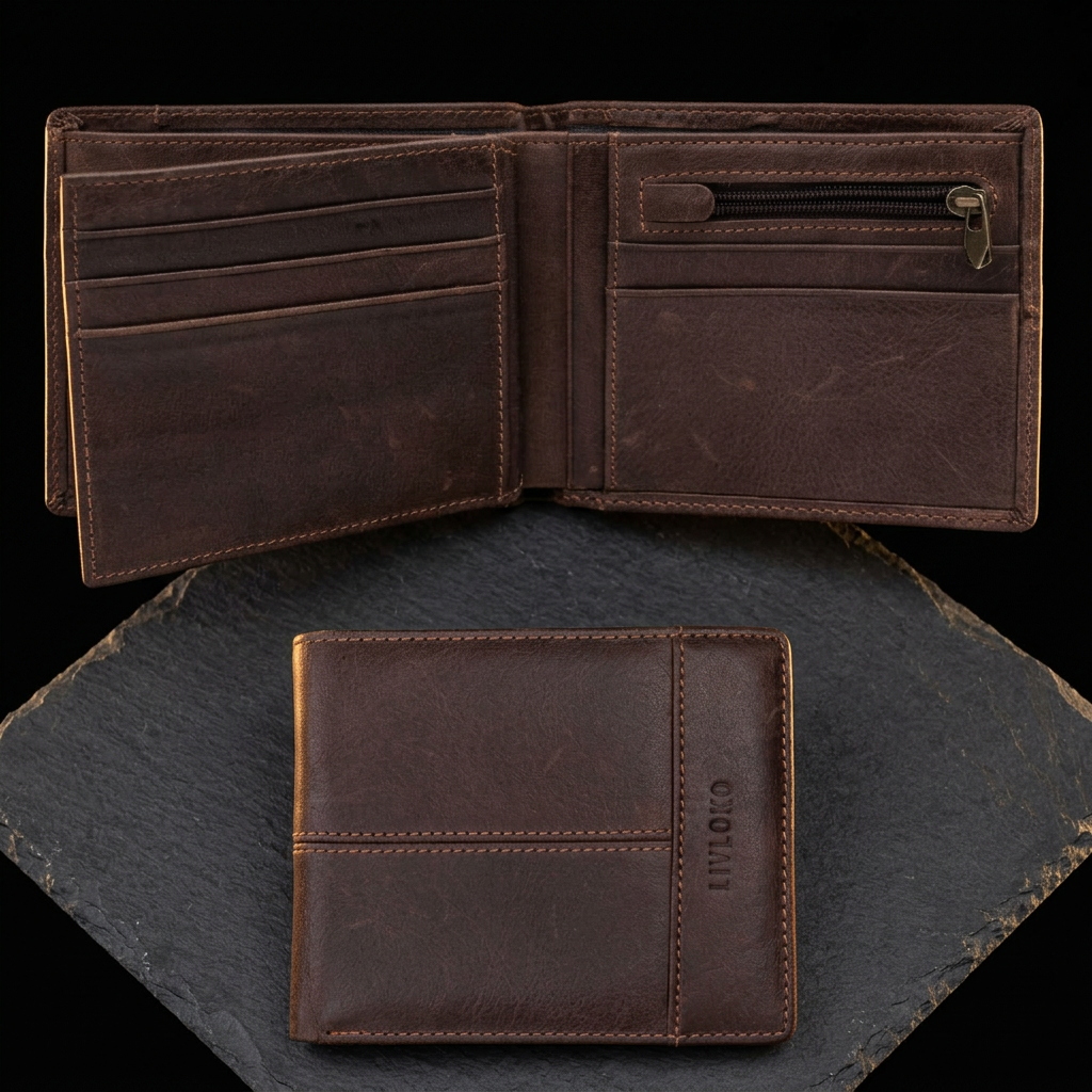 LIVLOKO London men's brown leather billfold wallet with zip coin pocket, shown open and closed on dark slate