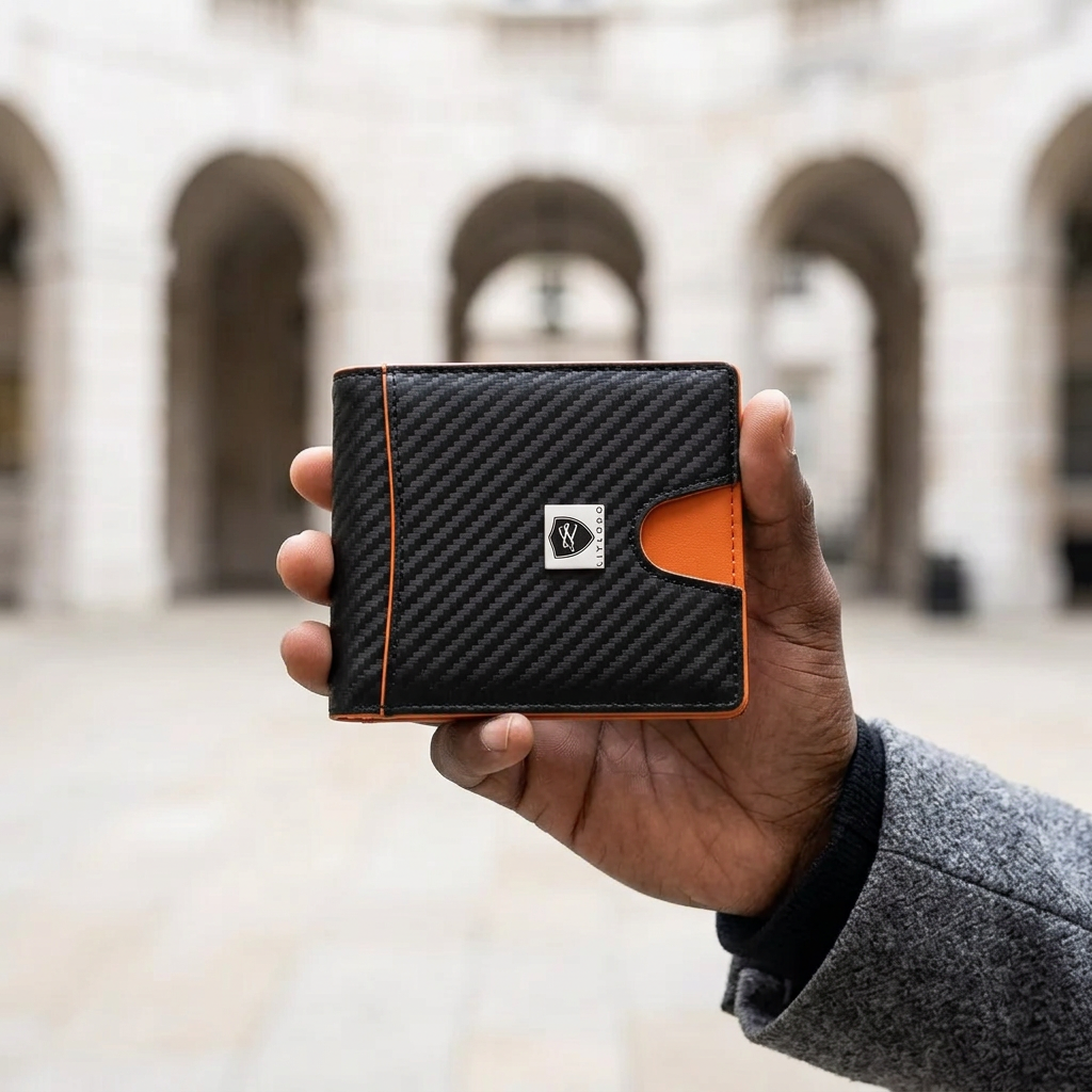 Man holding the LIVLOKO London carbon fibre money clip wallet with orange lining, London