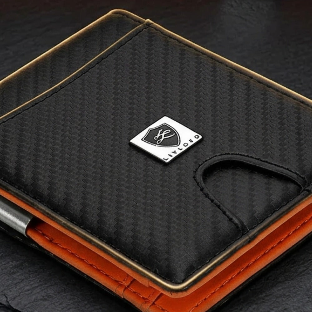 Close-up of the LIVLOKO London carbon fibre money clip wallet showing the LIVLOKO shield badge and orange edge