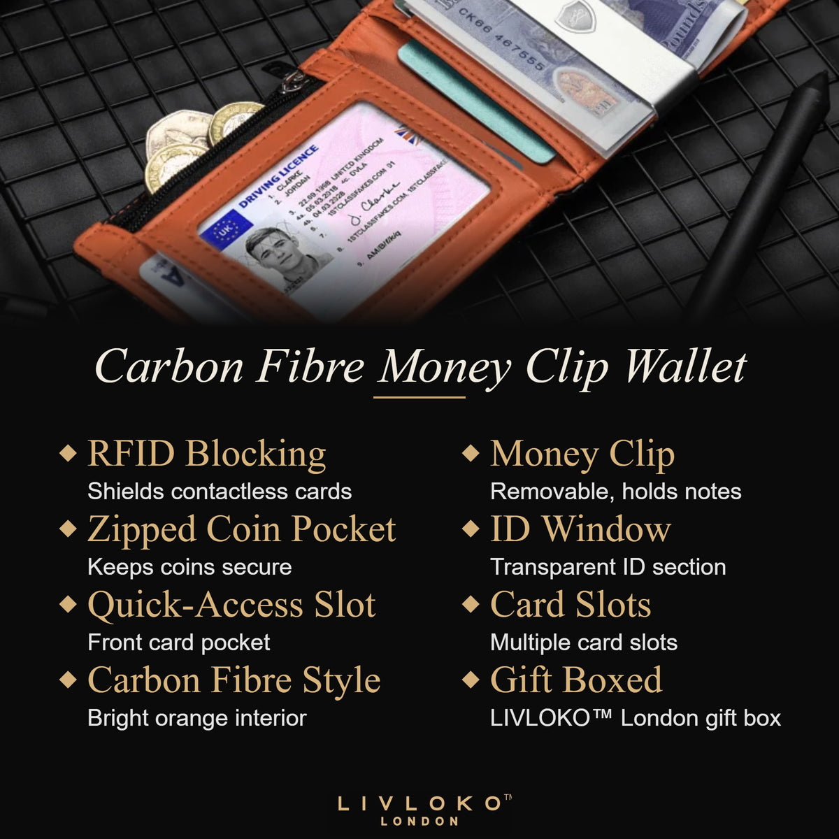 Carbon Fibre Money Clip Wallet key features