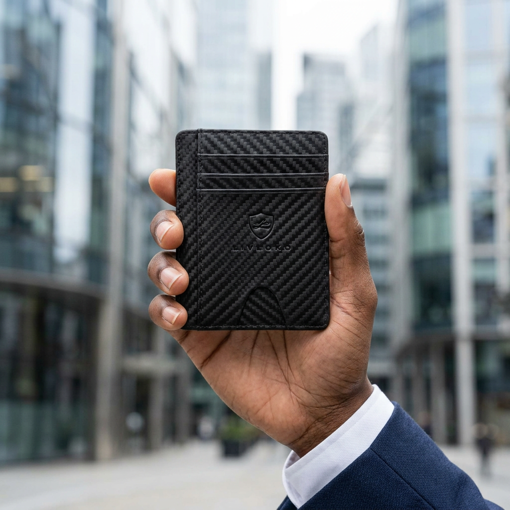 Man holding the LIVLOKO London slim carbon fibre RFID card holder wallet, City of London